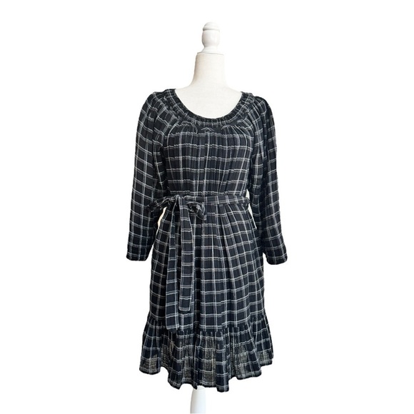 Rebecca Taylor Dresses & Skirts - La Vie Rebecca Taylor Black Silver Plaid Long Sleeve Ruffle Womens Size S Belted